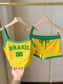 Comfortcana Women's Summer Brazil Flag Colorful Letter Print Cropped Camisole And Shorts Set - Multicolor - View 6
