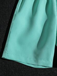 SHEIN Mirajuku 2件套男童条纹单排扣口袋短袖衬衫和休闲短裤 - 綠色 - 查看 6