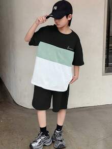 SHEIN Set Kaos Lengan Pendek dan Celana Pendek Kasual Musim Panas untuk Anak Laki-Laki Remaja, Cocok untuk Perjalanan Sehari-hari, Motif Huruf, dan Warna Kontras. - Mint Green - View 6