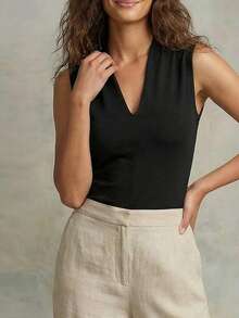 LUMIGAL 女式简约V领时尚百搭吊带背心 - 黑色 - 查看 6