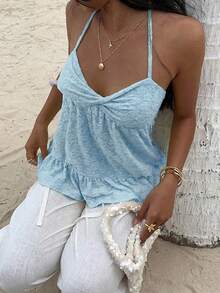 Flirla Maglietta casual versatile da donna con motivo floreale, arricciatura e collo alla halter - Blu - Visualizzare 3