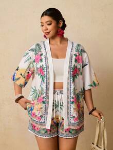 Travachic Plus Size Women Tropical Plant Print Short Sleeve Kimono Shirt And Shorts 2 Pieces Set - White - View 5