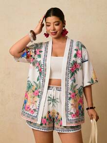 Travachic Plus Size Women Tropical Plant Print Short Sleeve Kimono Shirt And Shorts 2 Pieces Set - White - View 6