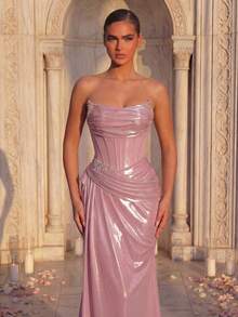 Glamrae Elegant Luxury Knitted Coated Off-Shoulder U-Neck Fishbone Waist Ruched Fishtail Hem Maxi Dress, Suitable For Holiday Celebrations, Weddings, Galas, Concerts, Business Events, And Social Media Influencer Occasions - Pink - View 4
