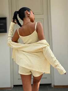 Muchica Mustard Striped Knit Women Top & Shorts Set - Pale Yellow - View 2