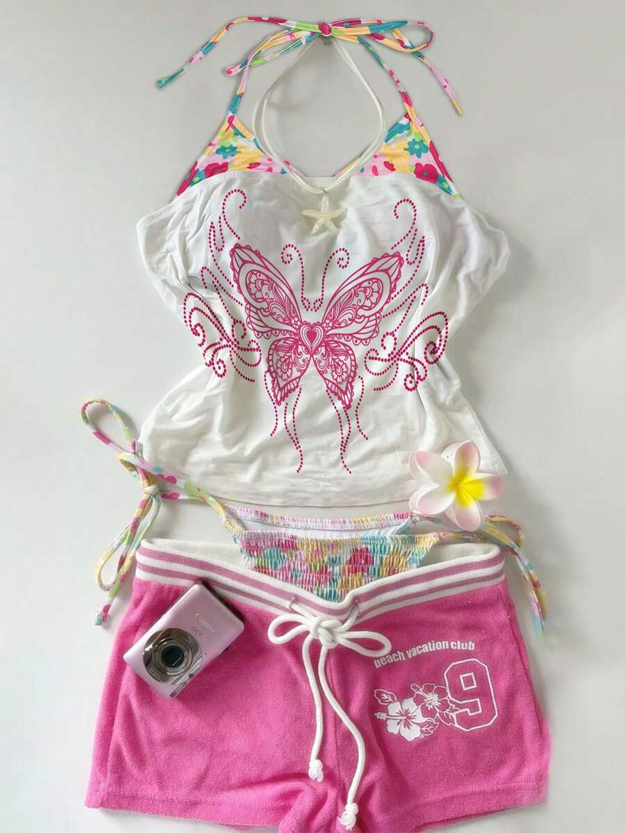 Glimmora Y2K Summer Vacation Halter Neck Butterfly Print Top, 2 In 1 Backless Top, Simple Vacation Style, Fresh Floral Print, Suitable For Parties, Dates, Beaches, Carnivals, And Other Occasions, Perfect For Summer Wear. Pink Beach Top, 2 In 1 Beachwear, Women's Beach Top, Pink Floral Print Beachwear, Versatile Beach Top. - Multicolor - View 1