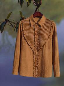 Zanirela 女士梭织棉质纹理面料荷叶边褶饰装饰纽扣休闲通勤常规衬衫 - 薑色 - 查看 1