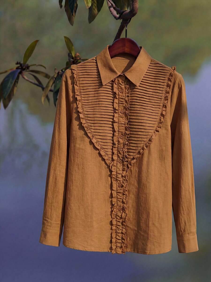 Zanirela 女士梭织棉质纹理面料荷叶边褶饰装饰纽扣休闲通勤常规衬衫 - 薑色 - 查看 1