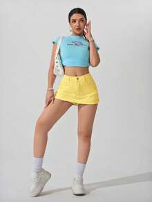 SHEIN PETITE Váy quần denim nữ đa năng, kiểu dáng thường ngày, có túi. - Vàng nhạt - Xem 3