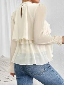 Firerie 女士夏秋宽松多层荷叶边不对称雪纺透视长袖杏色衬衫，适合毕业、教师、返校、度假、秋季、复古、职场等场合。 - 杏色 - 查看 4