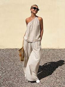 Livesso Bộ đồ thời trang xuân hè gồm áo crop top cổ lệch màu mơ và quần ống rộng suông, thích hợp cho công sở, đi nghỉ mát hoặc đi làm, thanh lịch dành cho nữ. - Màu be - Xem 1