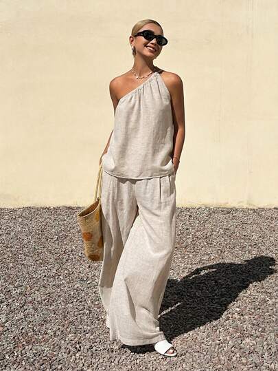 Livesso Bộ đồ thời trang xuân hè gồm áo crop top cổ lệch màu mơ và quần ống rộng suông, thích hợp cho công sở, đi nghỉ mát hoặc đi làm, thanh lịch dành cho nữ.