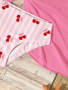 复古可爱甜美粉色条纹蝴蝶结樱桃印花图案，少女休闲简约吊带背心、三角裤、裙子三件套泳衣，适合夏季穿着 - 彩色 - 查看 5