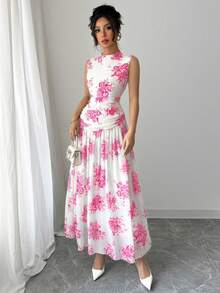 Modelyn Women's Elegant Floral Print Sleeveless Dress, Suitable For Commuting - Hot Pink - View 5