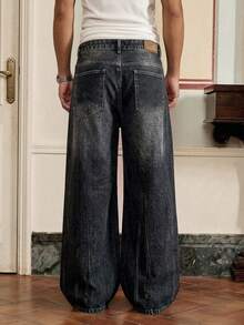 SWAVVY 男士休闲水洗斜插口袋宽松牛仔裤 - 黑色 - 查看 2