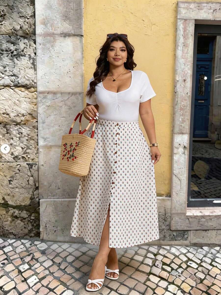 Elaquor Plus Size Casual Ditsy Floral Button Front Skirt - Multicolor - View 1