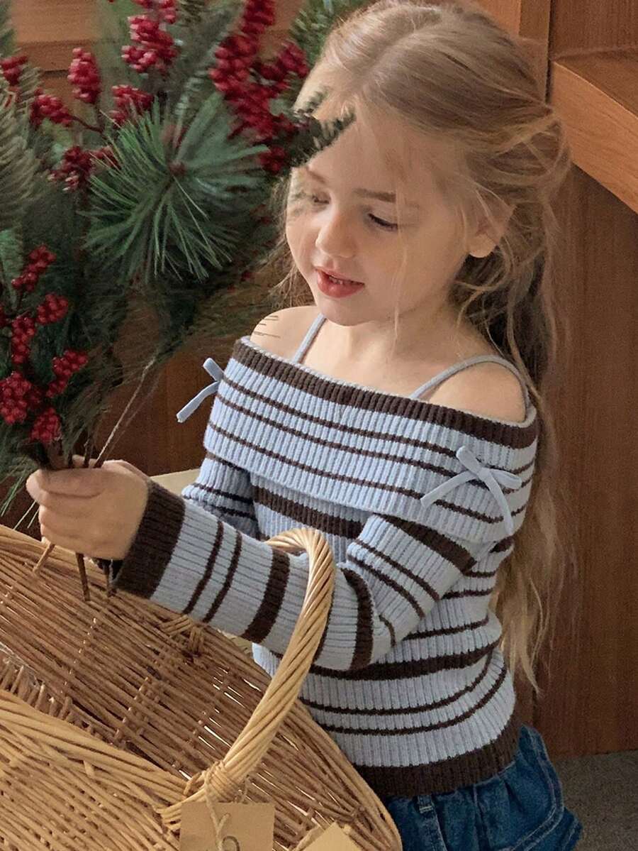 DAZY Young Girls Off Shoulder Striped Long Sleeve Sweater, Autumn/Winter - Blue - View 1