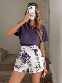 SHEIN LUNE Women's Casual Comfortable Vacation Chic Commute Abstract Geometric Line Pattern Cinched Waist Short Top And Shorts 2-Piece Set, Spring/Summer - Multicolor - View 4