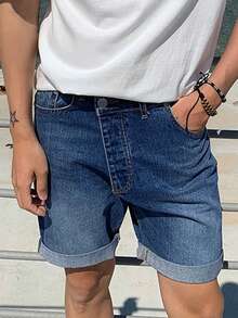 DAZY 男士水洗做旧蓝色卷边固定设计牛仔短裤，夏季 - 藍色 - 查看 4