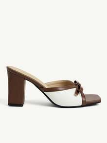 CUCCOO CHICEST Giày nữ, sandal đế dày mũi vuông phối màu nơ, màu nâu đậm và trắng tương phản, cao gót. - Màu nâu đậm - Xem 3