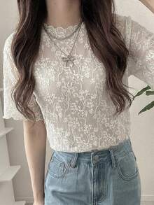 FRIFUL 女士波浪条纹宽松撞色滚边短袖T恤，夏季休闲装 - 米色 - 查看 2