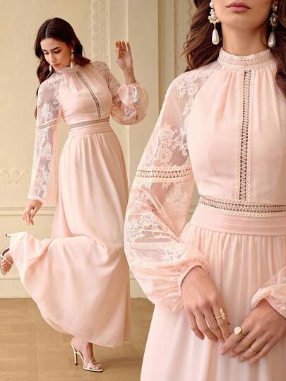 ZEYLAH 优雅浪漫蕾丝拼接喇叭袖修身A字连衣裙，春夏款