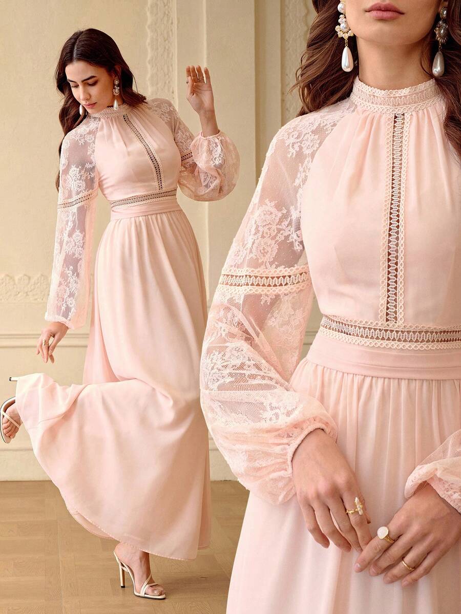 ZEYLAH Elegant Romantic Lace Patchwork Flare Sleeve Fitted A-Line Dress, Spring/Summer - Coral Pink - View 1