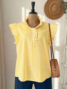 Rusticease Plus Size Women Plaid Button Design Cap Sleeve Blouse - Mustard Yellow - View 4