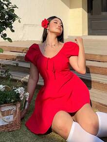 Sunnyshic Đầm ngắn tay đèn lồng dáng chữ A ôm vừa vặn mùa xuân/hè màu trơn cổ tròn thắt nơ xếp nếp lãng mạn cho kỳ nghỉ ngọt ngào - Đỏ - Xem 4