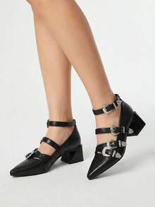 ROMWE Goth 2024春夏秋季法式哥特风女式高跟鞋交叉搭扣玛丽珍朋克风厚底尖头鞋，优雅芭蕾舞鞋，派对鞋 - 黑色 - 查看 4