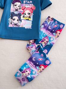 SHEIN 女童可爱休闲粉色云朵、星星、月亮格子印花短袖上衣和打底裤两件套睡衣 - 藏蓝色 - 查看 6