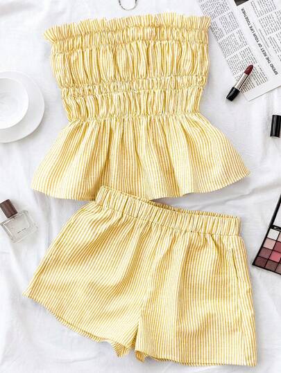 SHEIN Teen Girls Cute Green And White Striped Strapless Tube Top And Shorts 2-Piece Set,Women Summer Matching Outfits For Family Vacation,Party & Travel