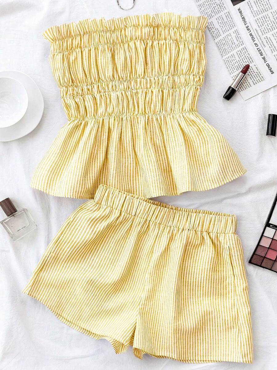 SHEIN Teen Girls Cute Green And White Striped Strapless Tube Top And Shorts 2-Piece Set,Women Summer Matching Outfits For Family Vacation,Party & Travel - Yellow - View 1