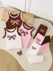 SHEIN Playful Pals 女童春季休闲户外运动罗纹面料爱心印花无袖背心搭配松紧腰宽松舒适长裤两件套 - 彩色 - 查看 1