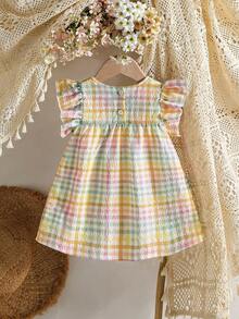 SHEIN Vintaside Kids 女嬰可愛粉綠格紋短袖迷你洋裝 夏日度假田園風清新圖案輕盈剪裁 適合戶外休閒派對 - 彩色 - 查看 2
