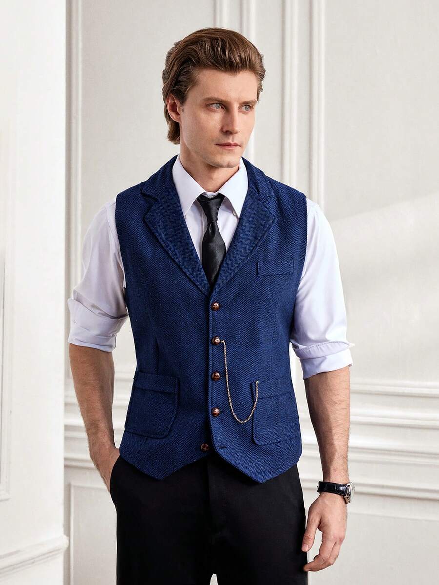 Officeau Nuovo gilet da uomo in tweed spina di pesce, con bavero vintage, catena a cavallo e scollo a V, adatto per l'autunno e l'inverno - Blu Navy - Visualizzare 1