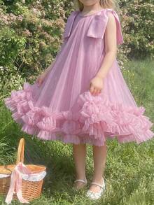 Đầm lưới không tay màu trơn dễ thương cho bé gái, có nơ ở vai, chất liệu lưới. - Hồng - Xem 1