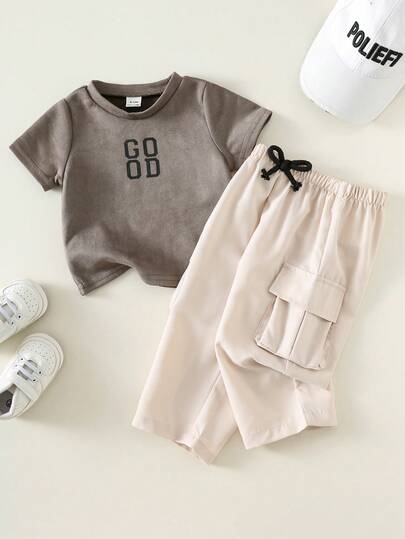 SHEIN 男婴休闲字母印花短袖T恤上衣和阔腿裤套装（2件套），春夏款
