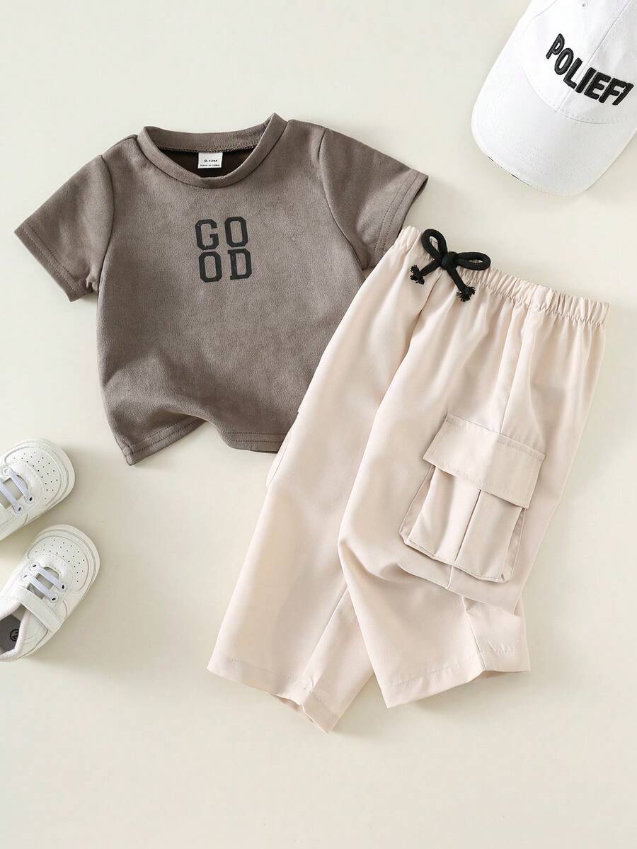 SHEIN Bộ 2 món cho bé trai, áo thun ngắn tay in chữ và quần ống rộng, thích hợp cho mùa hè và mùa xuân. - Nhiều màu - Xem 1