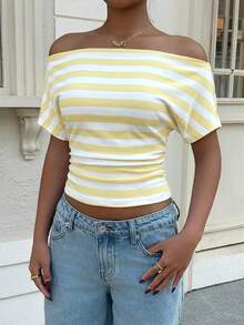 Muchica Women's Spring/Summer New Knit Striped Off Shoulder Ruched T-Shirt Tops For Women Summer Cute Trending Tops For Women Tops For Ladies Casual Crop Womens Tops For Summer Off The Shoulder Tops - Yellow - View 1