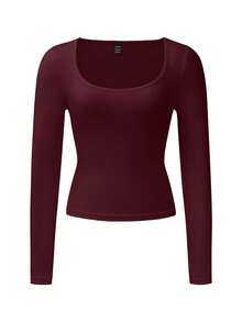 Zavorell Women's Casual Solid Color Square Neck Long Sleeve T-Shirt - Burgundy - View 4