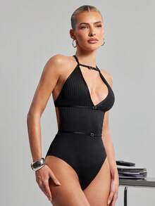 SHEIN Haute Bodysuit cổ yếm hở lưng có gân - màu đen - Xem 1