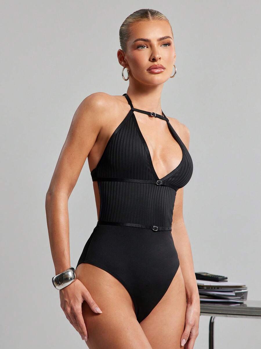 SHEIN Haute Bodysuit cổ yếm hở lưng có gân - màu đen - Xem 1