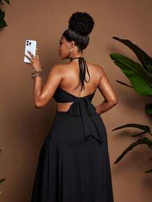 Maweii Plus Size Women's Summer Halter Tie Waist Metal Buckle Decor Strapless 2 In 1 Flowy Dress - Black - View 7