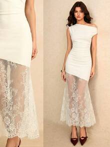 Poéselle 女士蕾丝拼接修身不对称肩部优雅长裙 - 米色 - 查看 1