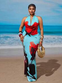 Maweii Plus Size Floral Print Backless Halter Dress, Vacation & Beach - Blue - View 2