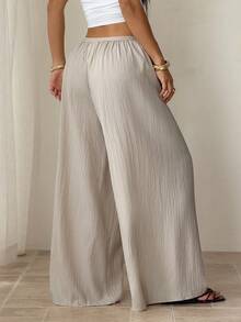 SHEIN PETITE Quần dài mùa hè dáng rộng, chất liệu có họa tiết, kiểu dáng thường ngày. - Màu be - Xem 2