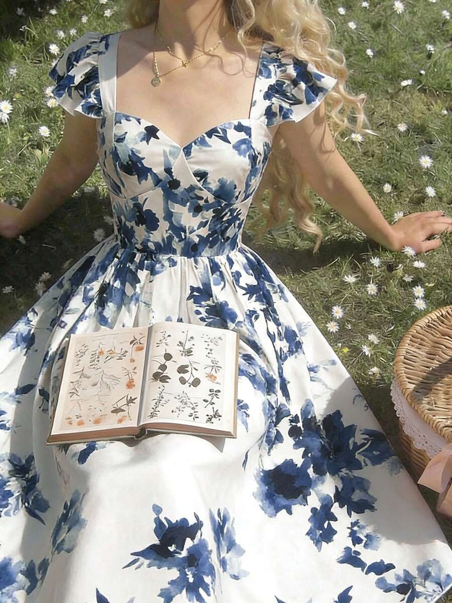 Modelyn Summer Beach Vacation Sweet & Fashionable Printed Cap Sleeve Backless Fitted Flared Hem Elegant Birthday Party Mini Dress For Women - Multicolor - View 1