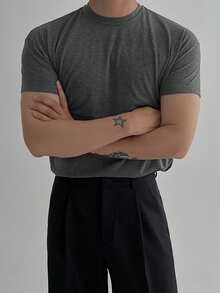 DAZY 男士修身纯色深灰色短袖T恤，夏季款 - 灰色 - 查看 7