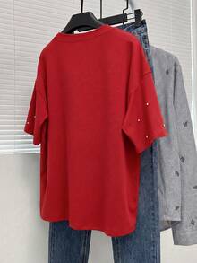 Nueva camiseta holgada casual con decoración de strass para mujeres - Rojo - Ver 2